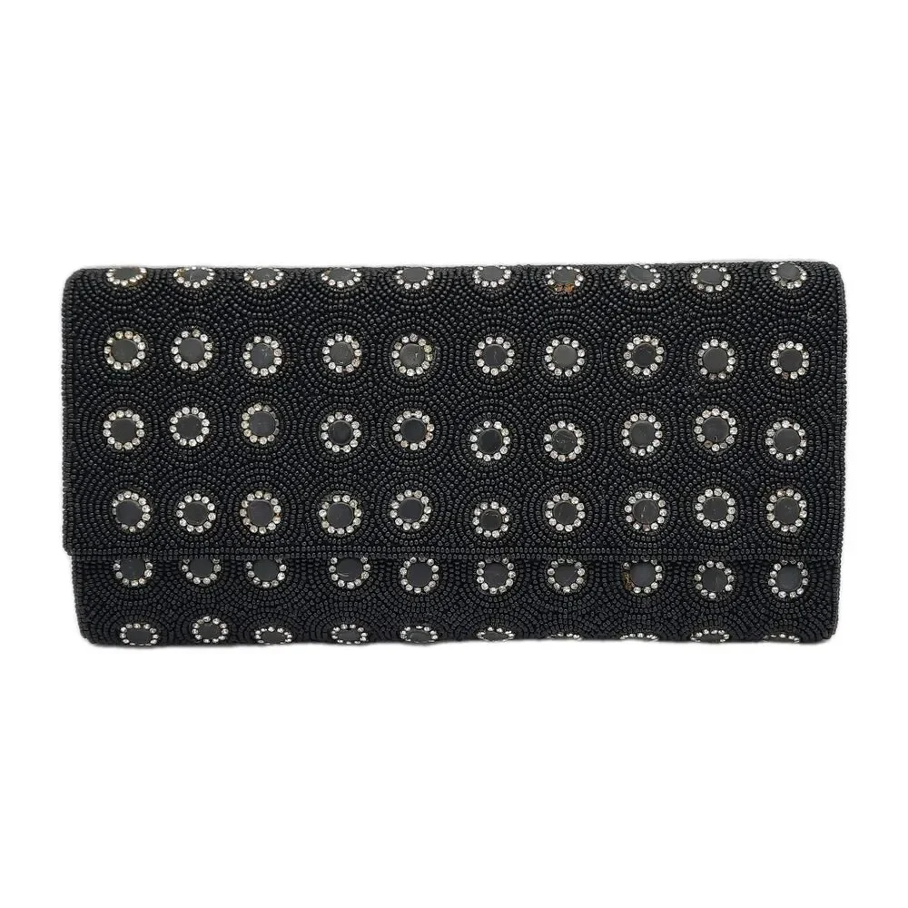 Deepa Gurnani Pattern Handmade Bead/Crystal Evening Bag Clutch Black NEW FLAWS